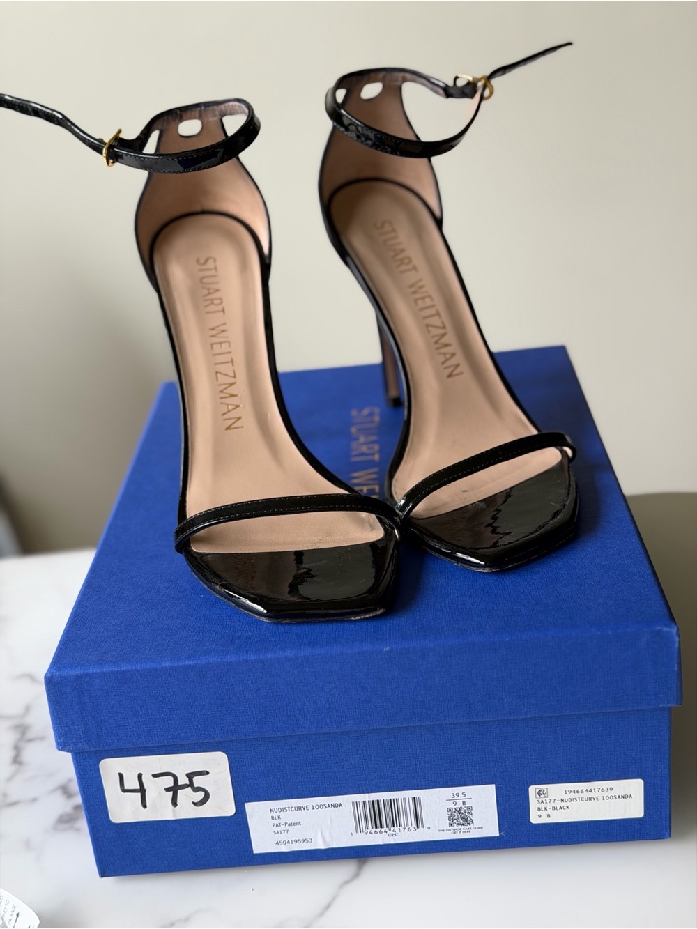 Stuart Weitzman Black Patent Open-Toe Ankle-Strap Heels